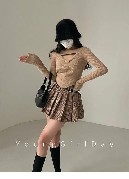 WOMENGAGA Preppy Style High Waist Slim Double Belt Slip Plaid Pleated Skirt Fashion Sexy Korean Women JK Skirts Sweet X8WN