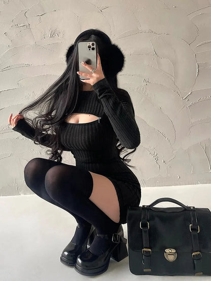 Women's Hollow-Zip Knit Mini Dress