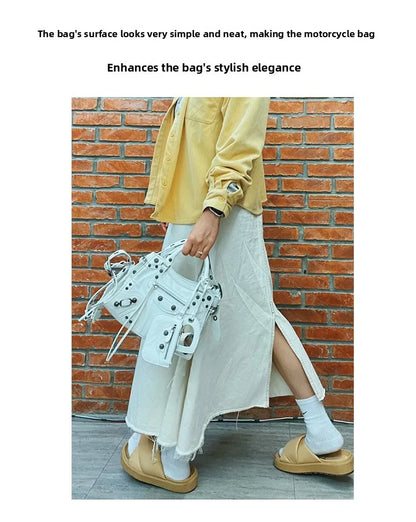 Neo Motorcycle Bag Handheld Rivet Head Layered Oil Wax Cowhide Crossbody Women's Bag Cool And Spicy Girl Retro Style Tote Bag