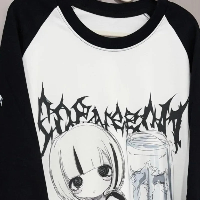 Kimutomo T Shirts Women Cartoon Printed Long Sleeve Loose Fashion Punk Style Grunge Gothic Y2k Aesthetic Harajuku Tops Ladies