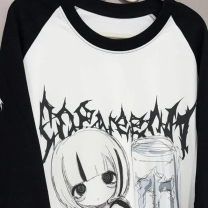 Kimutomo T Shirts Women Cartoon Printed Long Sleeve Loose Fashion Punk Style Grunge Gothic Y2k Aesthetic Harajuku Tops Ladies