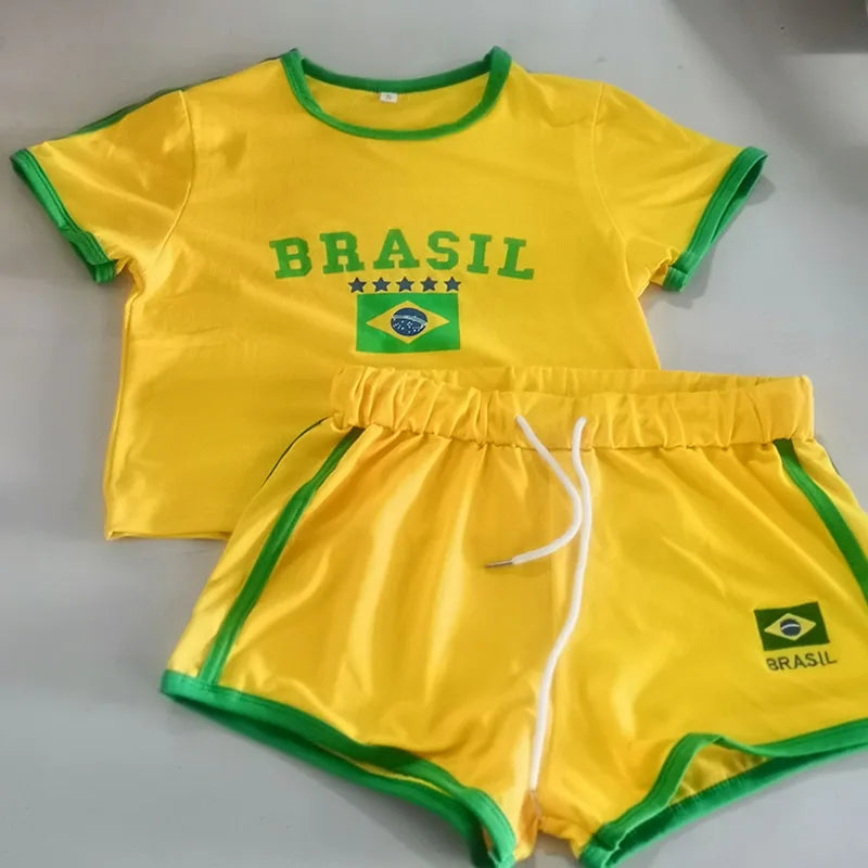 2000s Aesthetic BRASIL Letter Print T-Shirt Shorts Suit Women Vintage Grunge - APEX RITUAL women's shorts