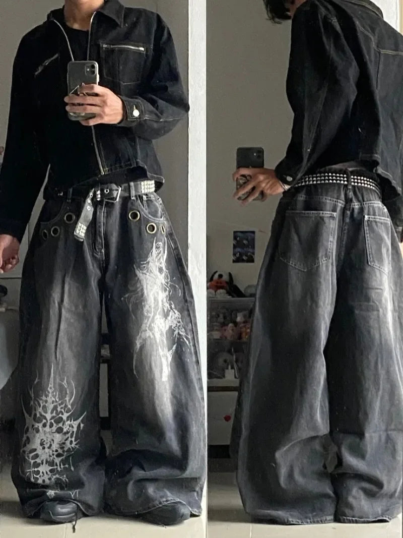 Y2K Hip-hop Jeans Vintage Straight Leg Denim Pants Streetwear Graffiti Print Casual Wide Leg Trousers Baggy Daily Wear Jeans