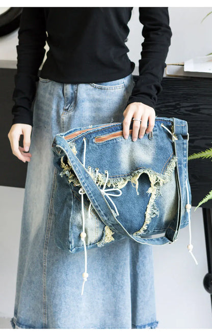 Y2K Korean Harajuku Gothic Hobo Denim Bag Aesthetic Vintage Purses WomenHandbag Crossbody Messenger Tote Peddler Shoulder Bags