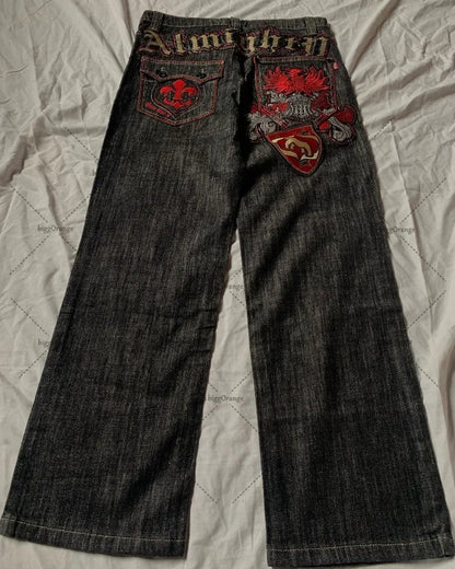 2026 Hip-hop gold coin jeans Y2K retro low waist wide leg zipper pants y2k clothing men's fashion embroidered loose jeans