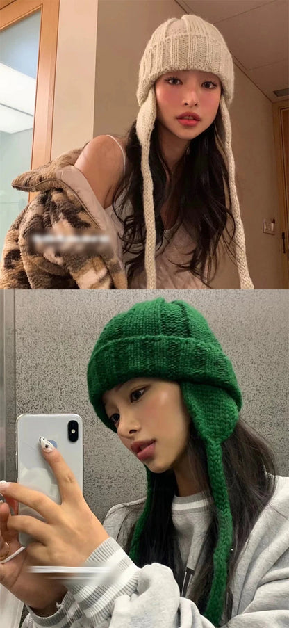 New Winter Cute Candy Colors Knitted Cap Fashion for Women Skullies Beanies Outdoor Windproof Thickened Warm Ear Protection Hat