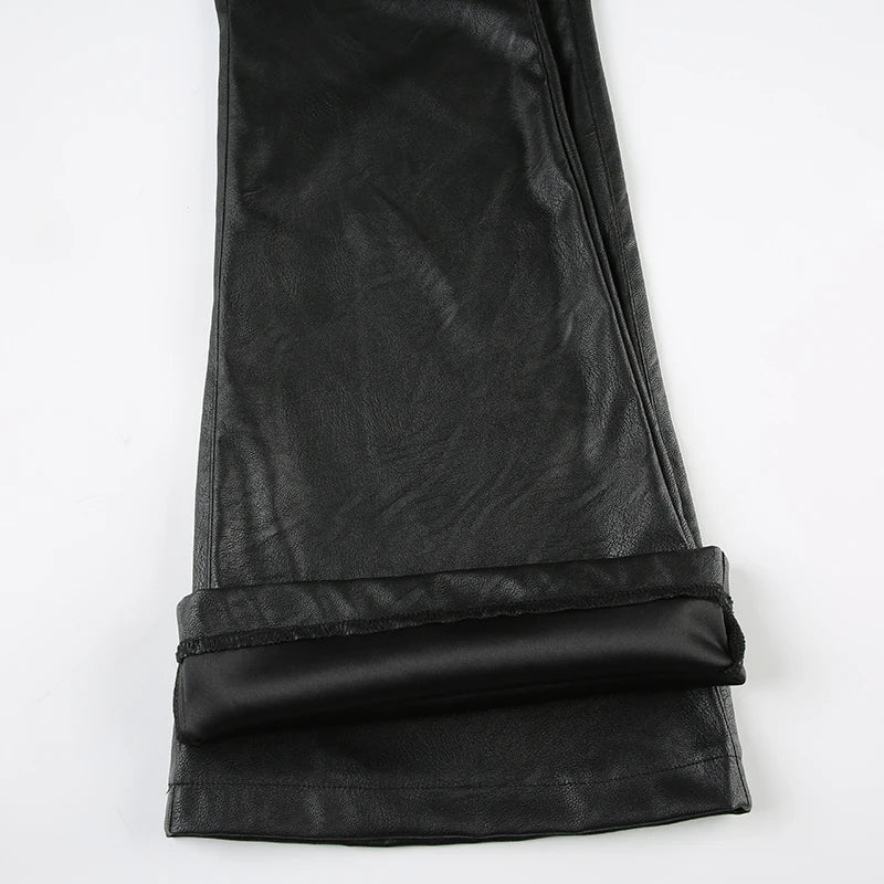 2025 Autumn Winter Women's PU Pants Low Rise Goblin Core Faux Leather Trousers Bell Bottom Gothic Japanese Y2k Stretch 2000s New