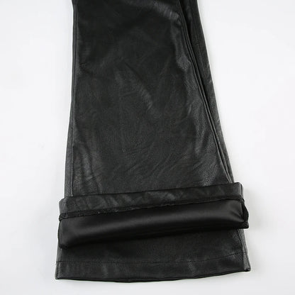 2025 Autumn Winter Women's PU Pants Low Rise Goblin Core Faux Leather Trousers Bell Bottom Gothic Japanese Y2k Stretch 2000s New