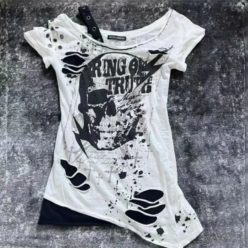 Gothic T Shirts Short sleeve Skulls Casual Punk Hip Hop Street hottie Femme Tshirt Graphic Tees Vintage Clothes 2000s Womens Top