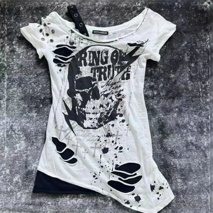 Gothic T Shirts Short sleeve Skulls Casual Punk Hip Hop Street hottie Femme Tshirt Graphic Tees Vintage Clothes 2000s Womens Top