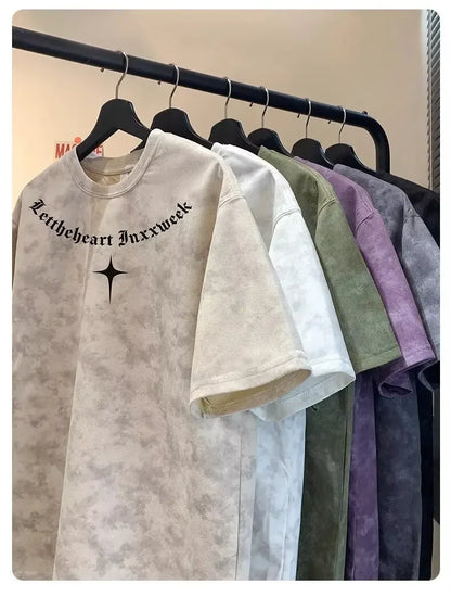 American Style Dyed Short Sleeve T-Shirt Men's Summer Ice Silk Retro Trendy Loose Sorona Body Fit Camouflage Crew Neck T-Shirt