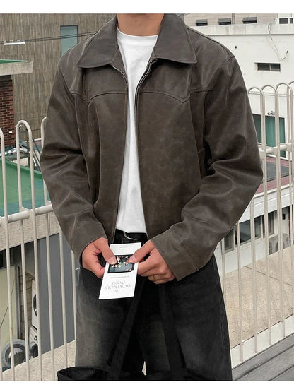 Spring Autumn Vintage Lightweight Distressed Washed Brown Pu Leather Jacket Men Zipper Casual Korean Fashion Clothes
