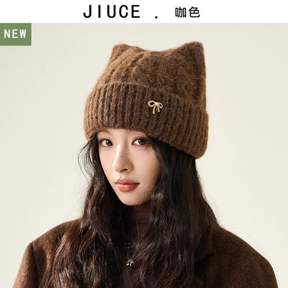 Cute Cartoon Cat's Ears Thickened Knit Hat women's Bow Wool Hat Ear Protection Warm Hat Bonnets Beanies 4m730