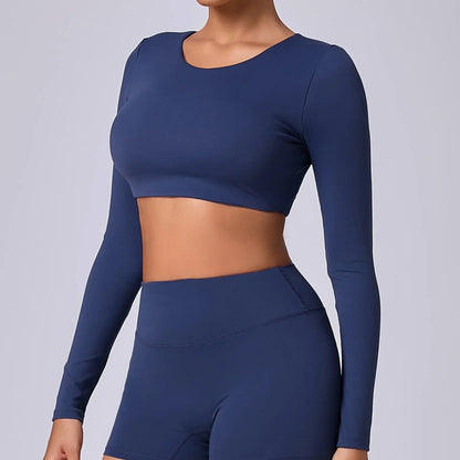 Crop Top Women Long Sleeve Tees 2026 Gym Shirt Padding Sports T-shirts Push Up Yoga Clothing Black White Blue Coffee Gray Navy