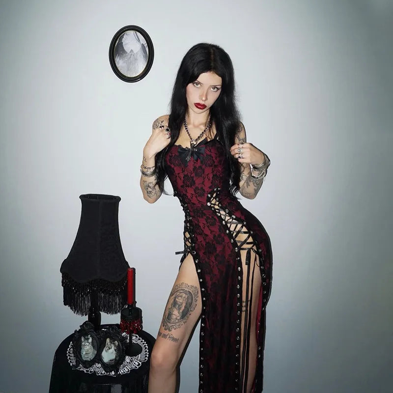 Women's Red Gothic Hollow-Out Strap Dress