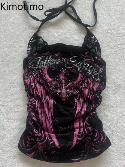 Kimotimo Vintage Letter Diamonds Print Fake Two Lace Halter Vest Women Punk Y2k Slim Sleeveless Crop Top Harajuku Gothic Tanks