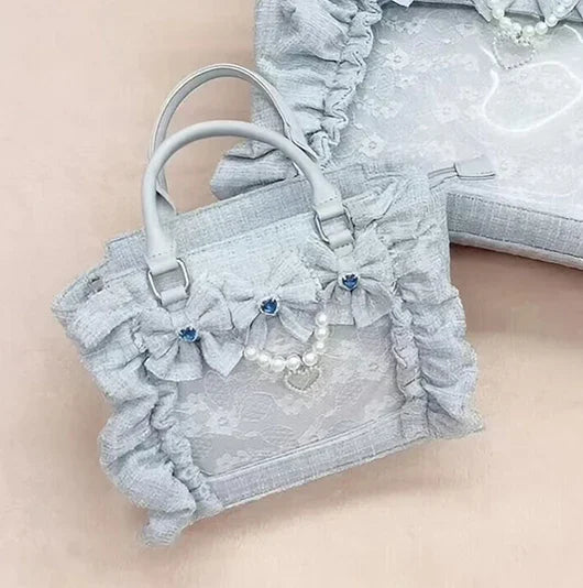 Japanese Style Mine Bags Women Ruffled Lace Lolita Girls Rhienstone Pearl Bowknot Square Tote Shoulder Portable Bolso Handbags
