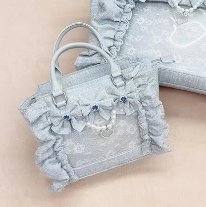 Japanese Style Mine Bags Women Ruffled Lace Lolita Girls Rhienstone Pearl Bowknot Square Tote Shoulder Portable Bolso Handbags