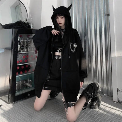 Autumn Womens Harajuku Punk Gothic Girls Black Devil Horn Hoodies Sweatshirt Hooded Japanese Hip Pop Plus Size Top Y2k Clothes