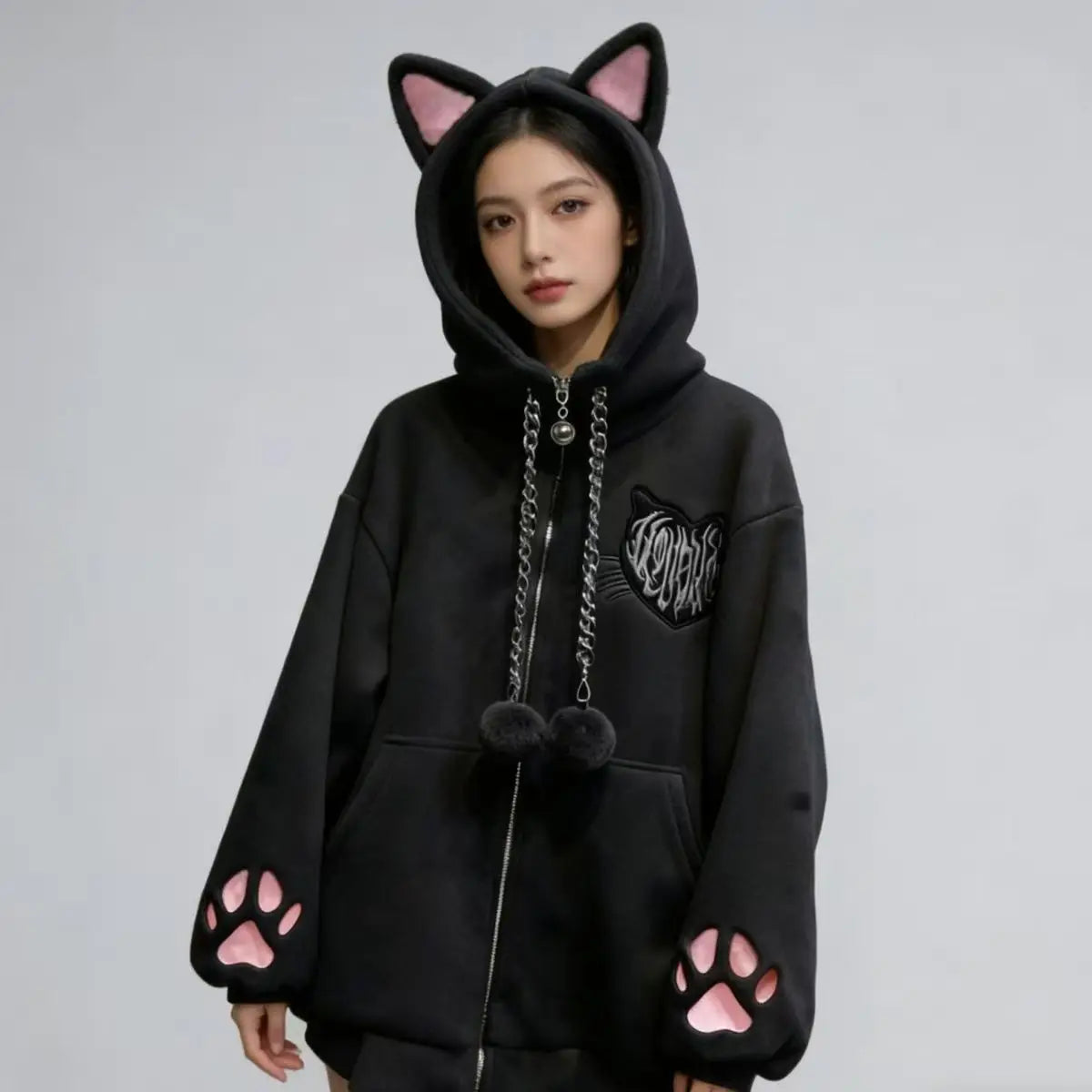New Velvet Cute Cat Ear Women Hoodie Cat Claw Long Sleeve Coat Black Cat Punk Rock Men and Women Jackets