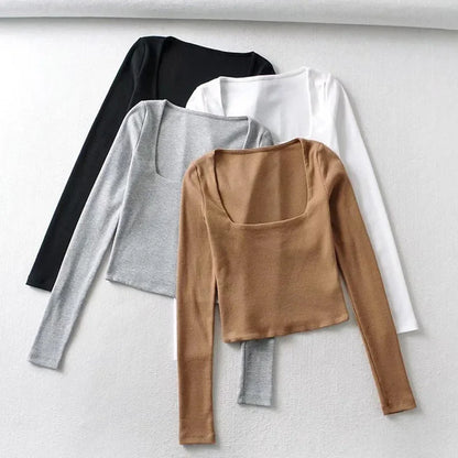 Women's Ribbed Square-Neck Long-Sleeve Crop Top