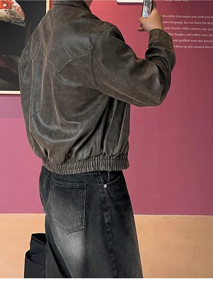 Spring Autumn Vintage Lightweight Distressed Washed Brown Pu Leather Jacket Men Zipper Casual Korean Fashion Clothes