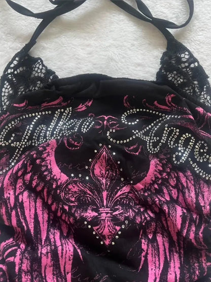 Kimotimo Vintage Letter Diamonds Print Fake Two Lace Halter Vest Women Punk Y2k Slim Sleeveless Crop Top Harajuku Gothic Tanks