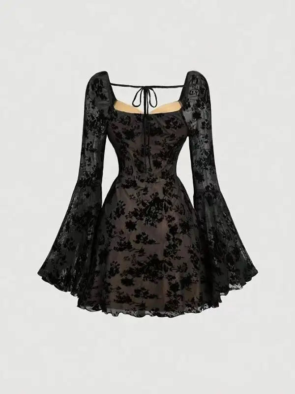 Sexy Womens Dress Temperament Embroidered Slim Fashion Elegant Evening Gown Long Sleeve Lace Strappy High Waist A-Line Vestido
