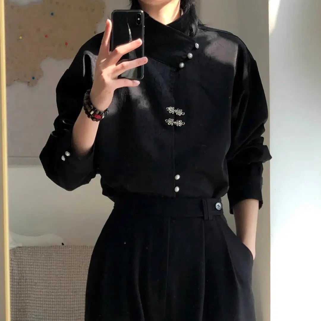 Style National Style Satin Irregular Dark Pattern Stand Collar Trendy Retro Metal Plate Button Long-sleeved Shirt for Men Women