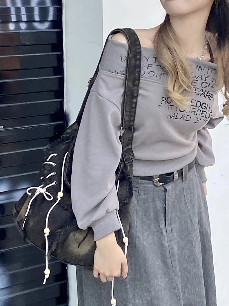 Y2K Korean Harajuku Gothic Hobo Denim Bag Aesthetic Vintage Purses WomenHandbag Crossbody Messenger Tote Peddler Shoulder Bags