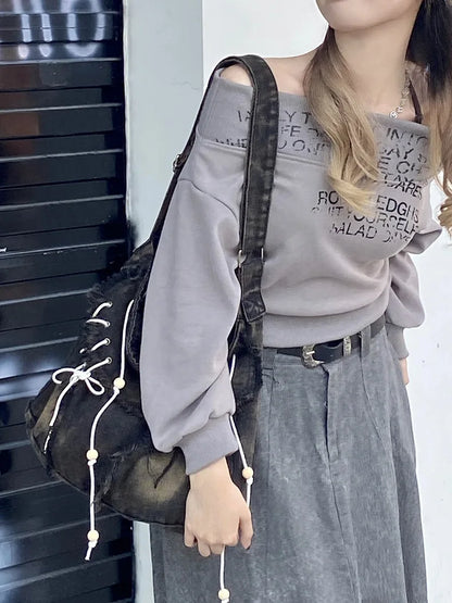 Y2K Korean Harajuku Gothic Hobo Denim Bag Aesthetic Vintage Purses WomenHandbag Crossbody Messenger Tote Peddler Shoulder Bags