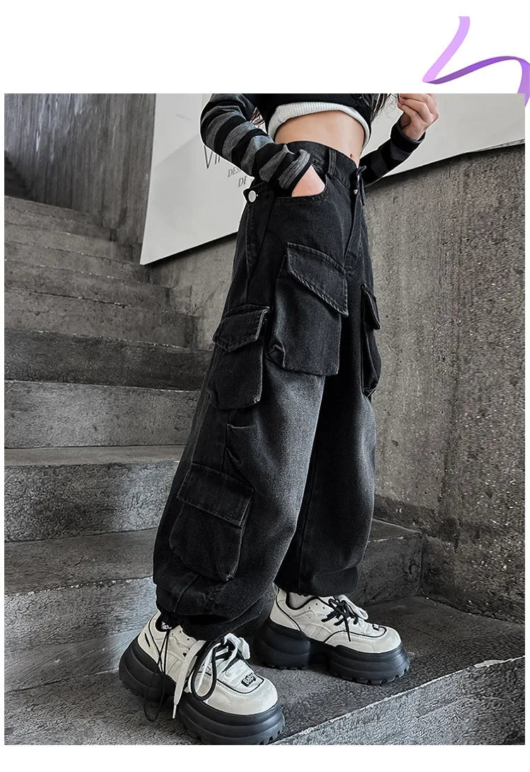 Cargo Jeans for Girls 2026 Spring Loose Casual Elastic Waist Teenage Children Wide Leg Pants Design Streetwear Kids Trousers