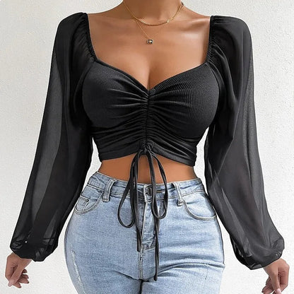Women's Puff-Sleeve Lace-Up V-Neck Top