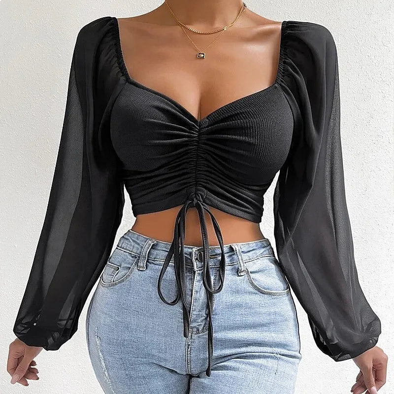Women's Puff-Sleeve Lace-Up V-Neck Top