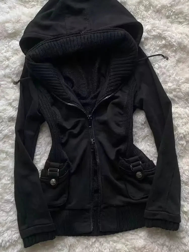 Black Fashion New Trend Women Casual Hoodie Retro Gothic Sweatshirts Hip Hop Punk Style Multifunctional High Street Cardigan