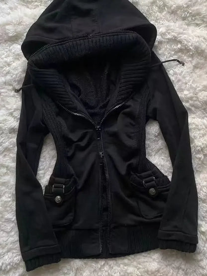 Black Fashion New Trend Women Casual Hoodie Retro Gothic Sweatshirts Hip Hop Punk Style Multifunctional High Street Cardigan