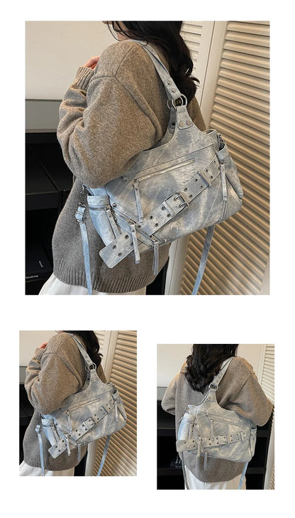 Fashionable Large Capacity Rivet Street Style Women's Tote Bag Shoulder Crossbody Bag Durable Polyester  Commuter Bag