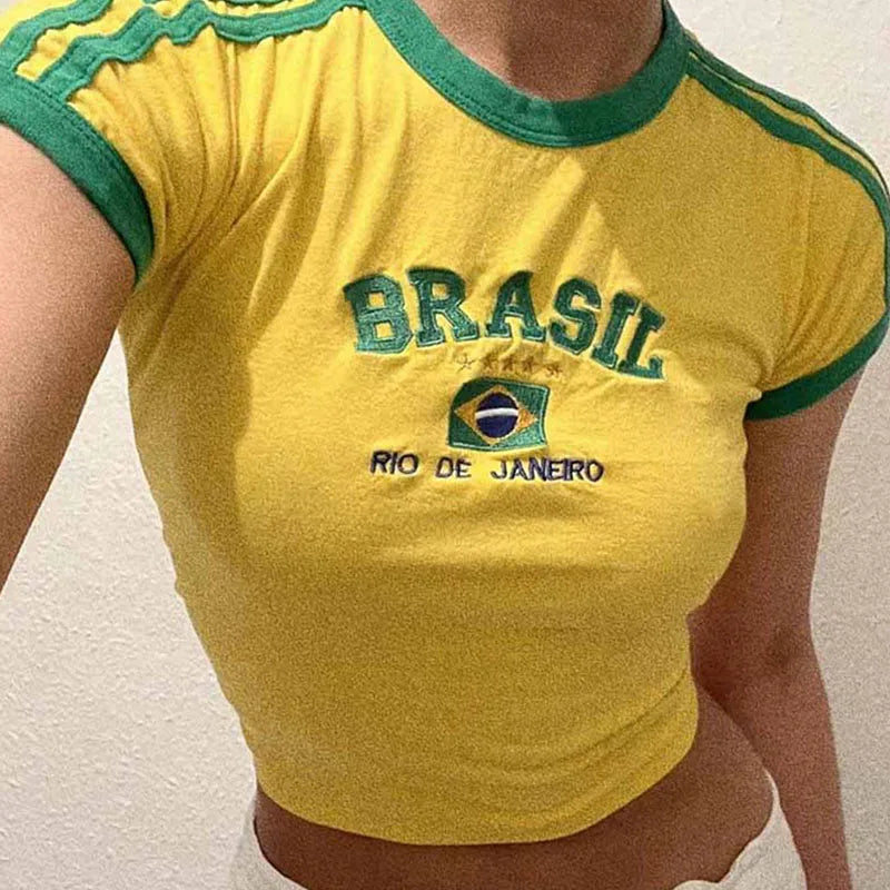Apex Ritual – Women's Brasil Letter Crop Top & Shorts Set – Y2K Vintage Grunge Summer Suit