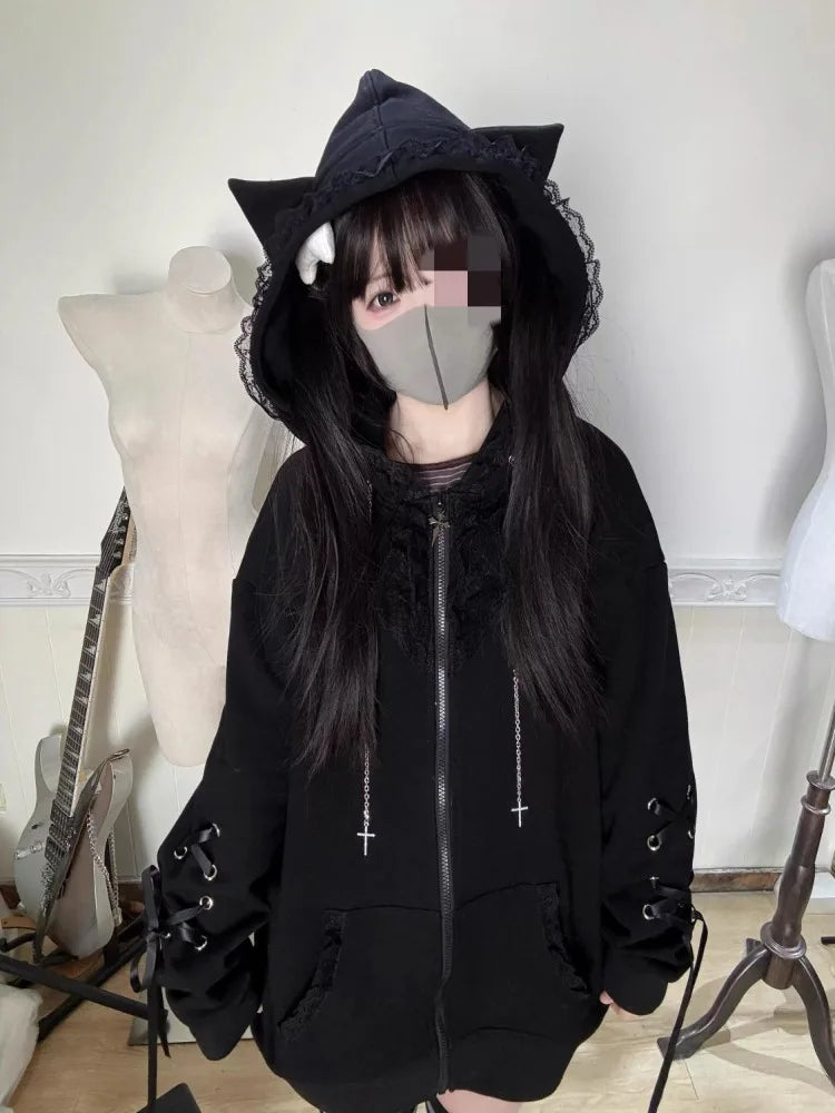 Kimutomo Hoodies Women Lace Patchwork Ribbon Cat Ears Y2k Aesthetic Gothic Grunge Sweet Outwear Loose Jackets Vintage Sweatshirt