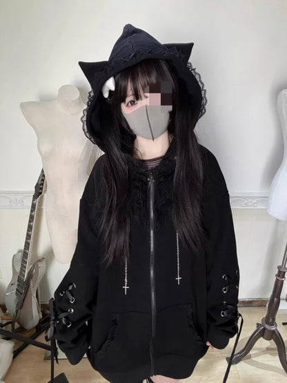 Kimutomo Hoodies Women Lace Patchwork Ribbon Cat Ears Y2k Aesthetic Gothic Grunge Sweet Outwear Loose Jackets Vintage Sweatshirt