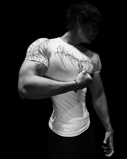 New Summer GYM T-shirt Men's Gothic Print Muscle Tee High Elasticity And Quick Drying Exercise For Bodybuilding Training T-shirt