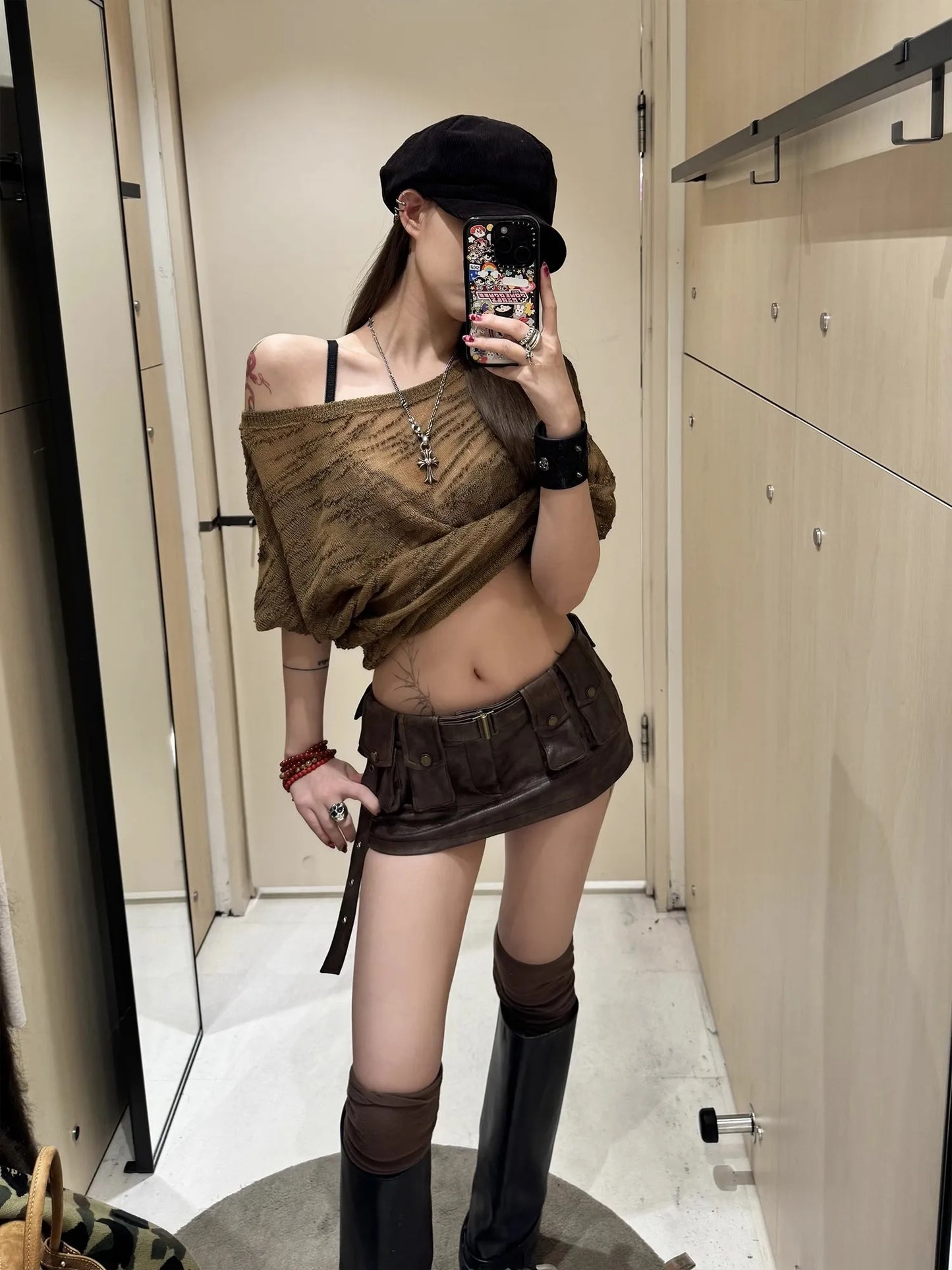 Lautaro Spring Summer Cool Sexy Vintage Distressed Brown Pu Leather Mini Skirt Women Three-dimensional Pockets Belt Streetwear