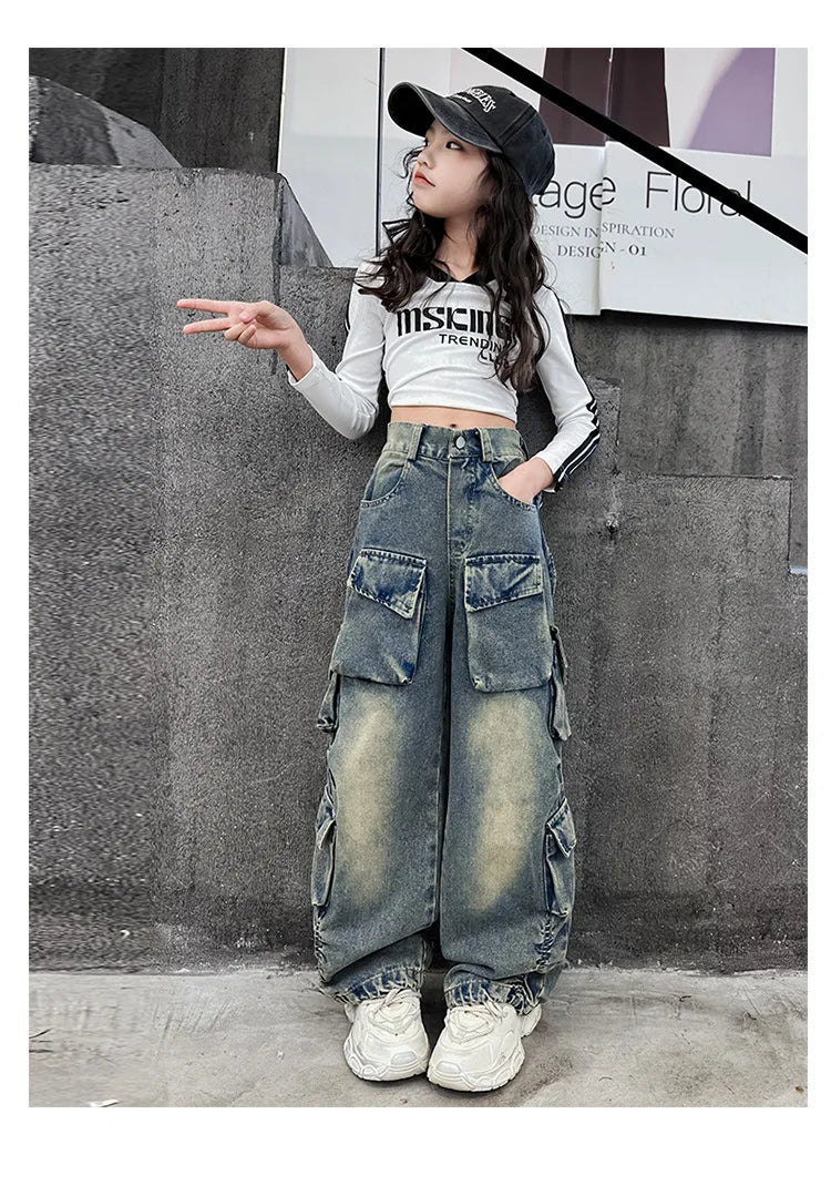 Cargo Jeans for Girls 2026 Spring Loose Casual Elastic Waist Teenage Children Wide Leg Pants Design Streetwear Kids Trousers