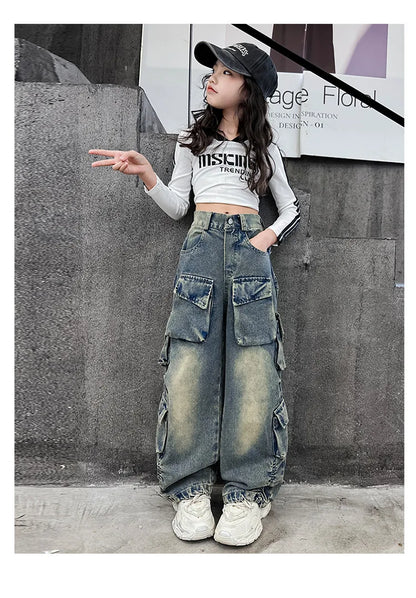 Cargo Jeans for Girls 2026 Spring Loose Casual Elastic Waist Teenage Children Wide Leg Pants Design Streetwear Kids Trousers