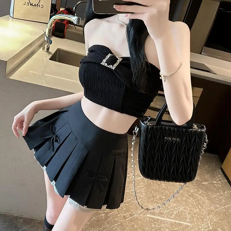 Sweet  Knot Pleated High Waist f Skirt Women's 2024 New Sle Splice Lace Sexy A-Line ort Skirt Commute Korean ...