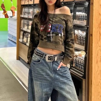 Camouflage Off Shoulder Long Sleeve Sweatshirt For Women Autumn Sexy Personality Design Slim Fit One Character Shape Short Tops