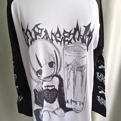 Kimutomo T Shirts Women Cartoon Printed Long Sleeve Loose Fashion Punk Style Grunge Gothic Y2k Aesthetic Harajuku Tops Ladies
