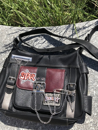 Women Y2k Star Crossbody Bag Pu Leather Fashion Girls Chain Messenger Bags For Students Patchwork School Bag Motor Style 2024