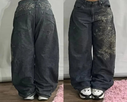 Harajuku Vintage Hip-hop Pop Letters Embroidered Washed Baggy Jeans Ladies Y2K Gothic Fashion Casual High Waist Wide Leg Pants