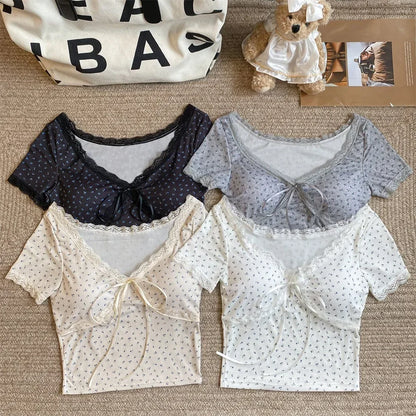 Women's Vintage Lace Bow Crop T-Shirt